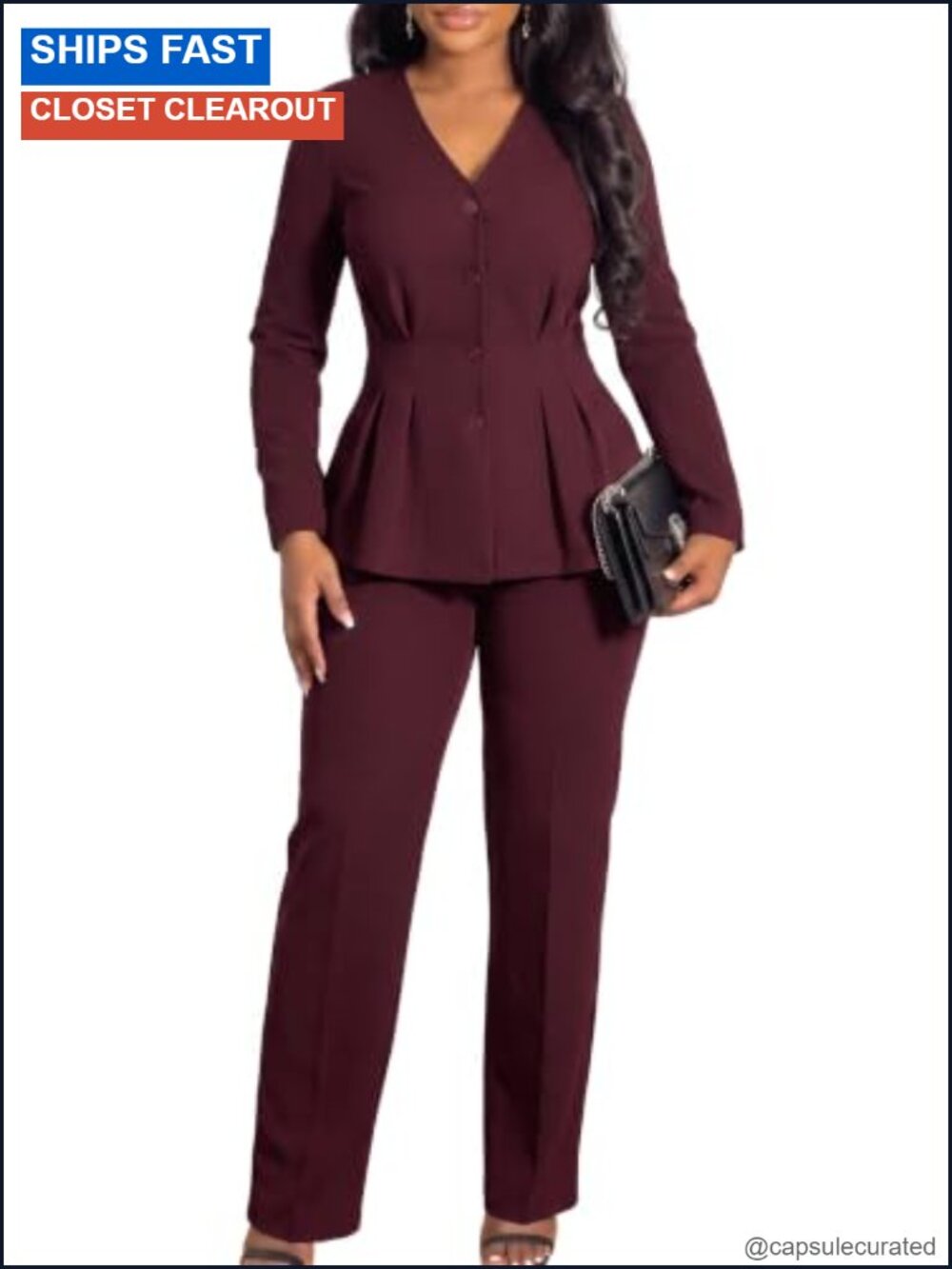 Women's 2 Piece Peplum Blazer and Pants Suit Set Collarless V-Neck Business